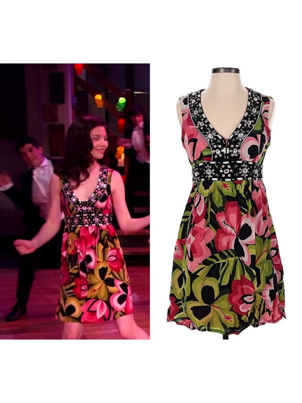 ASO ICARLY CARLY SHAY MIRANDA COSGROVE Silk Dress Embellished FLORAL Y2K RARE
